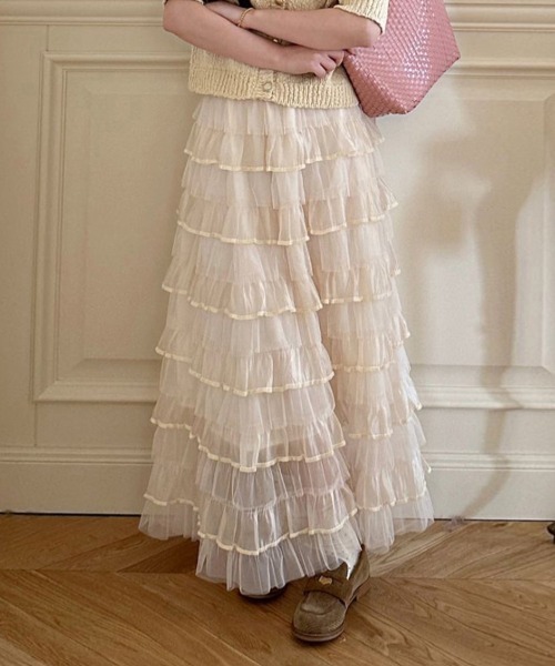 Doux Belle（ドゥーベル）の「フリルチュールロングスカート（スカート・レディース・ベージュ/ブラック/ダークブラウン/キャメル/ピンク/パープル・FREE）」の9枚目の写真
