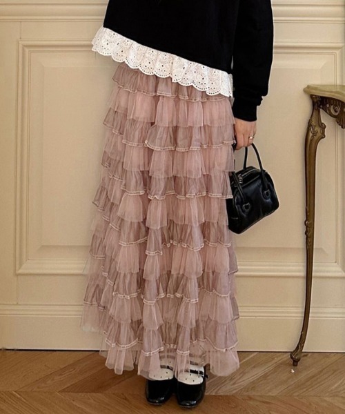 Doux Belle（ドゥーベル）の「フリルチュールロングスカート（スカート・レディース・ベージュ/ブラック/ダークブラウン/キャメル/ピンク/パープル・FREE）」の16枚目の写真
