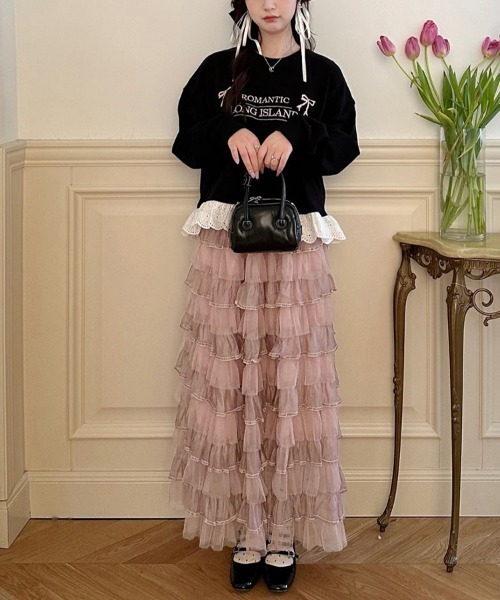 Doux Belle（ドゥーベル）の「フリルチュールロングスカート（スカート・レディース・ベージュ/ブラック/ダークブラウン/キャメル/ピンク/パープル・FREE）」の17枚目の写真