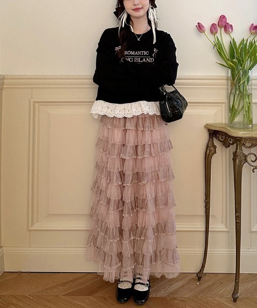 Doux Belle（ドゥーベル）の「フリルチュールロングスカート（スカート・レディース・ベージュ/ブラック/ダークブラウン/キャメル/ピンク/パープル・FREE）」の19枚目の写真