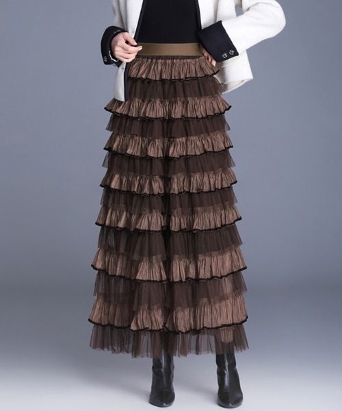 Doux Belle（ドゥーベル）の「フリルチュールロングスカート（スカート・レディース・ベージュ/ブラック/ダークブラウン/キャメル/ピンク/パープル・FREE）」の20枚目の写真