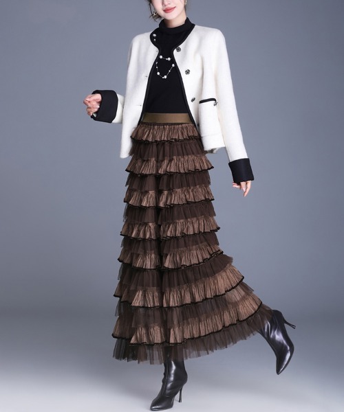 Doux Belle（ドゥーベル）の「フリルチュールロングスカート（スカート・レディース・ベージュ/ブラック/ダークブラウン/キャメル/ピンク/パープル・FREE）」の21枚目の写真