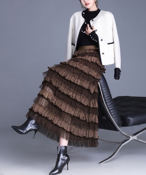 Doux Belle（ドゥーベル）の「フリルチュールロングスカート（スカート・レディース・ベージュ/ブラック/ダークブラウン/キャメル/ピンク/パープル・FREE）」の22枚目の写真