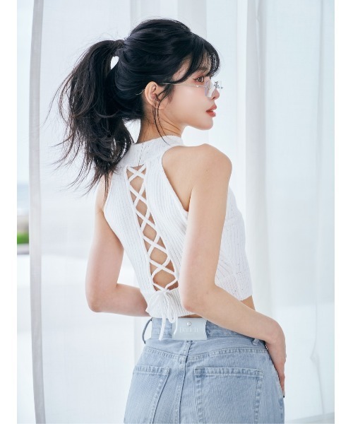 Darich バックレースアップアメスリニットトップス セール】バックレースアップアメスリニットトップス（ニット