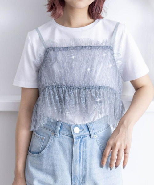 clear（クリア）の「バックリボンラメチュールビスチェ＋Tシャツセット［セットアップ 大人 カジュアル］≪再入荷≫（アンサンブル・レディース・ブラック/オフホワイト/グレー・F）」の3枚目の写真