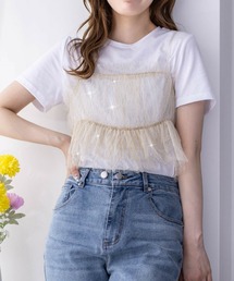 バックリボンラメチュールビスチェ＋Tシャツセット［セットアップ 大人 カジュアル］≪再入荷≫