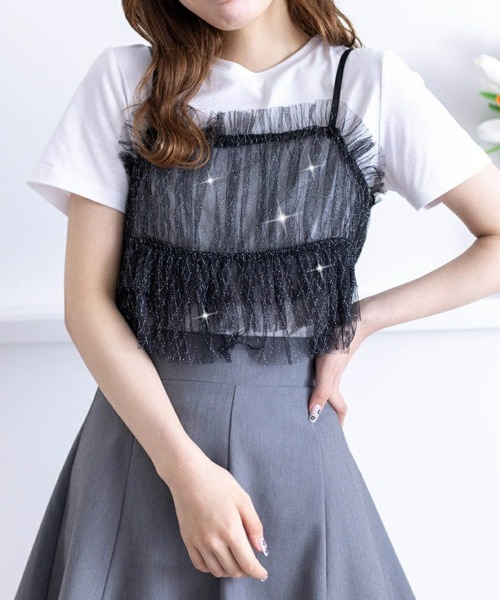 clear（クリア）の「バックリボンラメチュールビスチェ＋Tシャツセット［セットアップ 大人 カジュアル］≪再入荷≫（アンサンブル・レディース・ブラック/オフホワイト/グレー・F）」の2枚目の写真