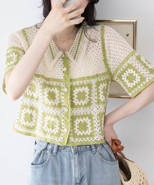 セール】カギ編みモチーフ柄 衿付きカーディガン（カーディガン/ボレロ