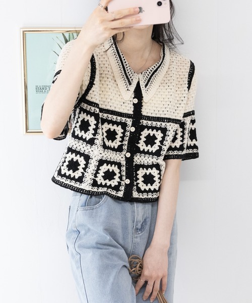 セール】カギ編みモチーフ柄 衿付きカーディガン（カーディガン/ボレロ