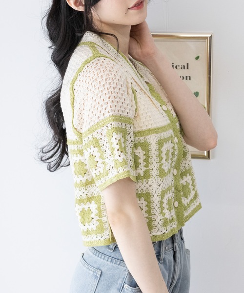 セール】カギ編みモチーフ柄 衿付きカーディガン（カーディガン/ボレロ