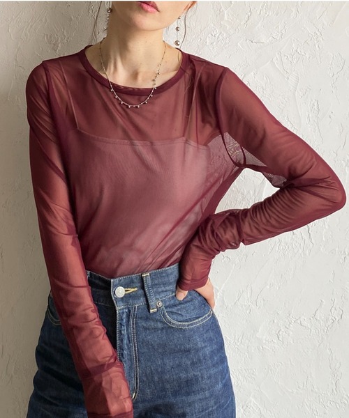 She's Closet(シーズクローゼット)の「クルーネック長袖シースルー/シアーロングTシャツ シアーカットソー トップス(Tシャツ/カットソー・レディース・オリーブ/グレイッシュベージュ/ホワイト/ブラック/ブラウン/バーガンディー・FREE)」の6枚目の写真