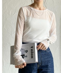 クルーネック長袖シースルー/シアーロングTシャツ シアーカットソー トップス