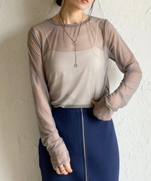 クルーネック長袖シースルー/シアーロングTシャツ シアーカットソー トップス