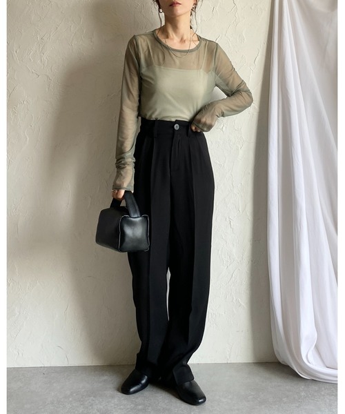 セール】クルーネック長袖シースルー/シアーロングTシャツ シアー