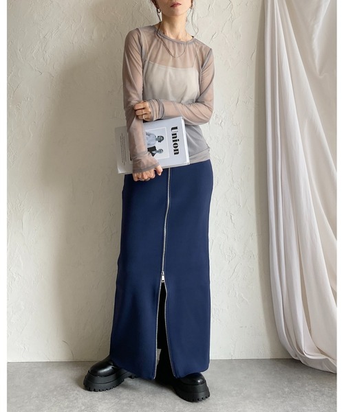 セール】クルーネック長袖シースルー/シアーロングTシャツ シアー