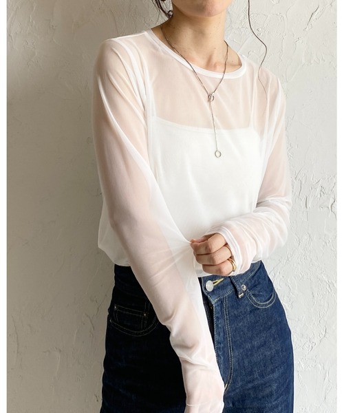 She's Closet（シーズクローゼット）の「クルーネック長袖シースルー/シアーロングTシャツ シアーカットソー トップス（Tシャツ/カットソー・レディース・オリーブ/グレイッシュベージュ/ホワイト/ブラック・FREE）」の11枚目の写真