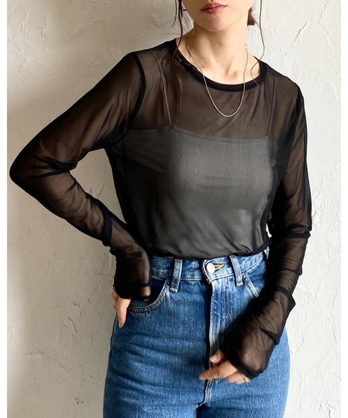 She's Closet（シーズクローゼット）の「クルーネック長袖シースルー/シアーロングTシャツ シアーカットソー トップス（Tシャツ/カットソー・レディース・オリーブ/グレイッシュベージュ/ホワイト/ブラック・FREE）」の15枚目の写真