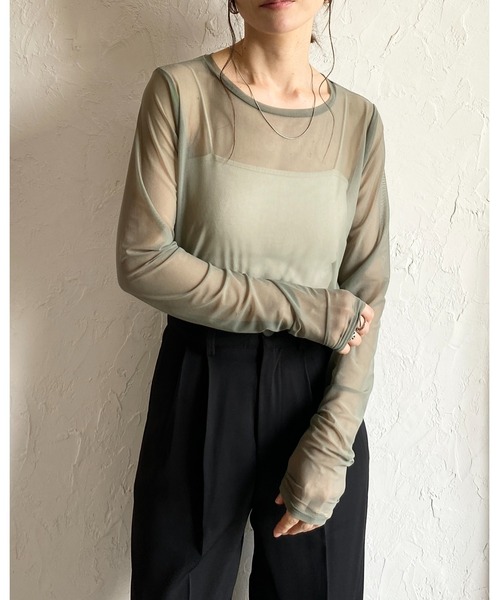 She's Closet（シーズクローゼット）の「クルーネック長袖シースルー/シアーロングTシャツ シアーカットソー トップス（Tシャツ/カットソー・レディース・オリーブ/グレイッシュベージュ/ホワイト/ブラック・FREE）」の17枚目の写真