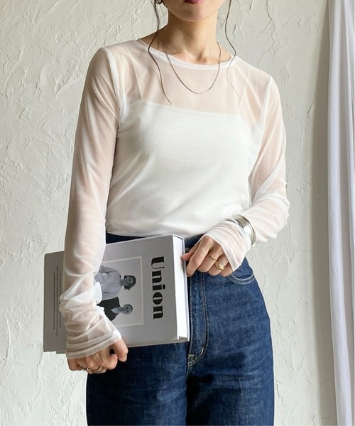 セール】クルーネック長袖シースルー/シアーロングTシャツ