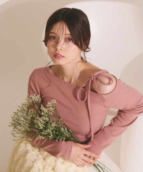 fupel(フぺル)の「Ribbon one-shoulder rib tops / リボンワンショルリブトップス(Tシャツ/カットソー・レディース・ピンク/ライトグレー・FREE)」の17枚目の写真