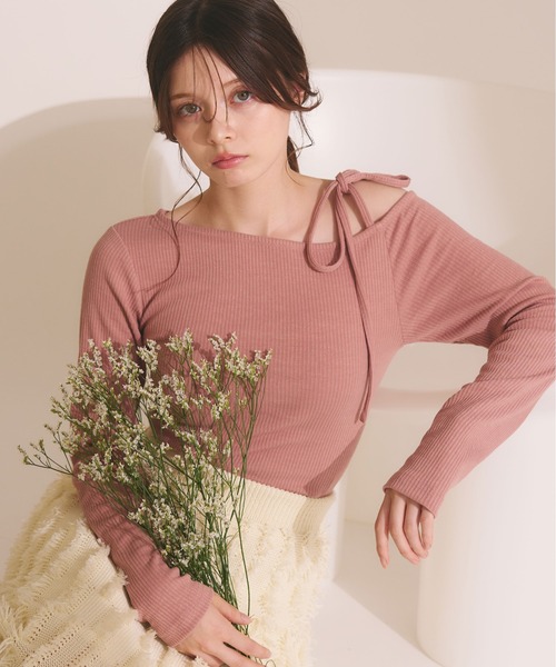 fupel(フぺル)の「Ribbon one-shoulder rib tops / リボンワンショルリブトップス(Tシャツ/カットソー・レディース・ピンク/ライトグレー・FREE)」の19枚目の写真