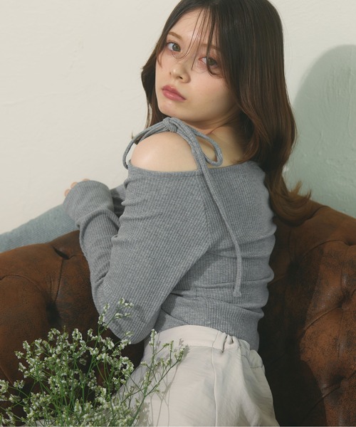 fupel(フぺル)の「Ribbon one-shoulder rib tops / リボンワンショルリブトップス(Tシャツ/カットソー・レディース・ピンク/ライトグレー・FREE)」の10枚目の写真