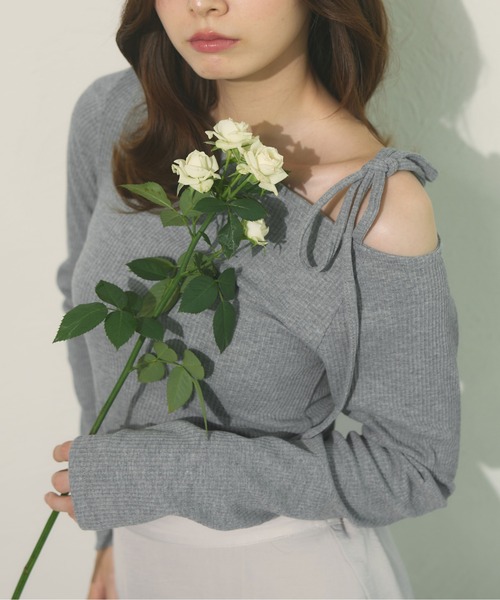 fupel(フぺル)の「Ribbon one-shoulder rib tops / リボンワンショルリブトップス(Tシャツ/カットソー・レディース・ピンク/ライトグレー・FREE)」の12枚目の写真