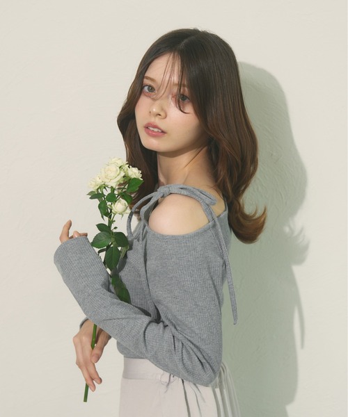 fupel(フぺル)の「Ribbon one-shoulder rib tops / リボンワンショルリブトップス(Tシャツ/カットソー・レディース・ピンク/ライトグレー・FREE)」の13枚目の写真