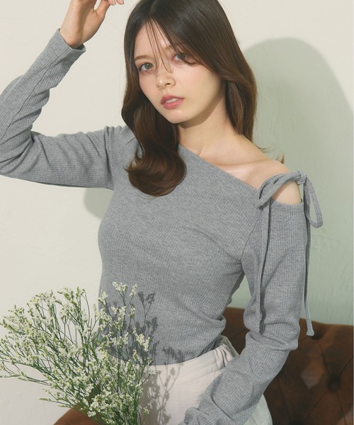 fupel(フぺル)の「Ribbon one-shoulder rib tops / リボンワンショルリブトップス(Tシャツ/カットソー・レディース・ピンク/ライトグレー・FREE)」の8枚目の写真