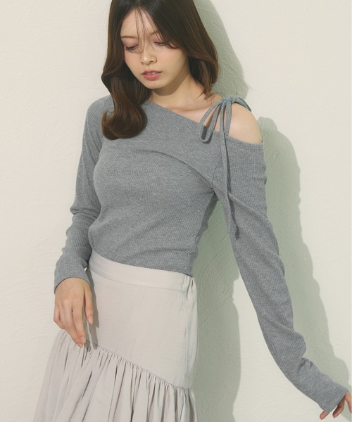 fupel(フぺル)の「Ribbon one-shoulder rib tops / リボンワンショルリブトップス(Tシャツ/カットソー・レディース・ピンク/ライトグレー・FREE)」の9枚目の写真