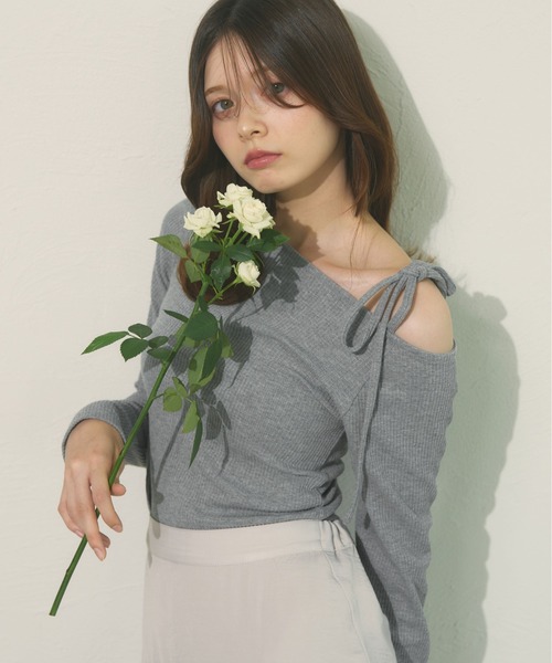 fupel(フぺル)の「Ribbon one-shoulder rib tops / リボンワンショルリブトップス(Tシャツ/カットソー・レディース・ピンク/ライトグレー・FREE)」の3枚目の写真