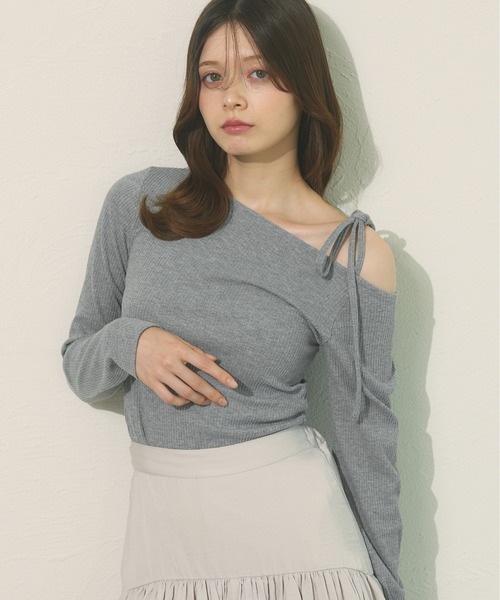 fupel(フぺル)の「Ribbon one-shoulder rib tops / リボンワンショルリブトップス(Tシャツ/カットソー・レディース・ピンク/ライトグレー・FREE)」の5枚目の写真