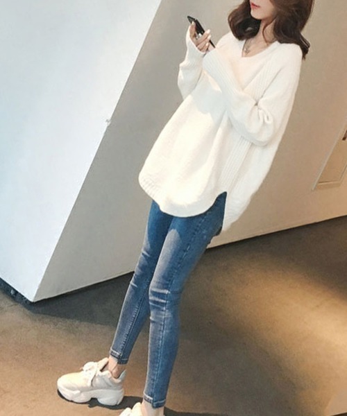 Miniministore(ミニミニストア)の「ラウンドスリットニット Vネック(ニット/セーター・レディース・ホワイト/ピンク/ベージュ/ブラック・FREE)」の6枚目の写真