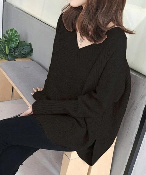 Miniministore(ミニミニストア)の「ラウンドスリットニット Vネック(ニット/セーター・レディース・ホワイト/ピンク/ベージュ/ブラック・FREE)」の7枚目の写真