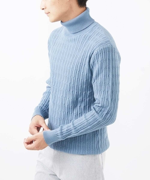 MK MICHEL KLEIN HOMME （エムケーミッシェルクランオム）の「【残りわずか/洗濯機で洗える】タートルニット/ステアストライプ（ニット/セーター・メンズ・ダークインディゴブルー/ブラック/ホワイト・48/46/51）」の3枚目の写真