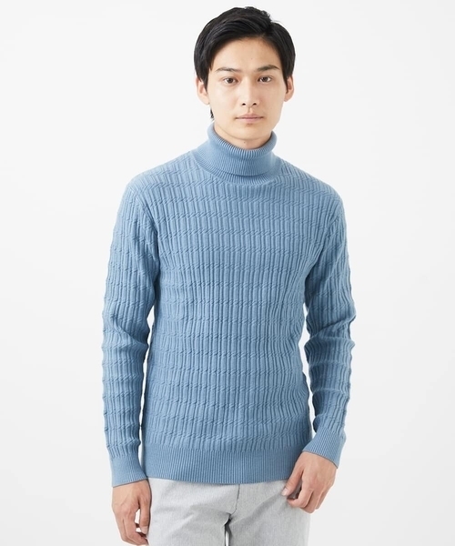 MK MICHEL KLEIN HOMME （エムケーミッシェルクランオム）の「【残りわずか/洗濯機で洗える】タートルニット/ステアストライプ（ニット/セーター・メンズ・ダークインディゴブルー/ブラック/ホワイト・48/46/51）」の13枚目の写真