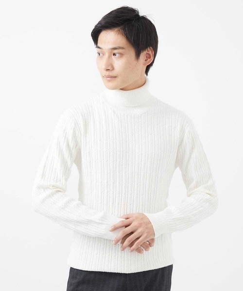 MK MICHEL KLEIN HOMME （エムケーミッシェルクランオム）の「【残りわずか/洗濯機で洗える】タートルニット/ステアストライプ（ニット/セーター・メンズ・ダークインディゴブルー/ブラック/ホワイト・48/46/51）」の7枚目の写真