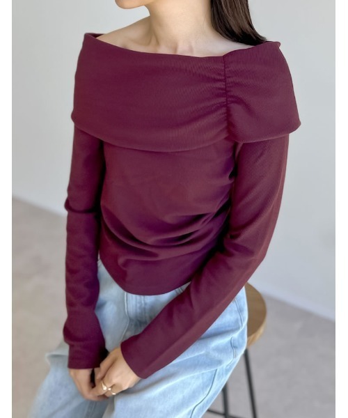 ストレッチリブカットソーギャザーオフショルトップス（Tシャツ