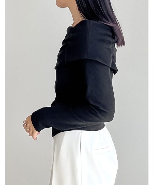 ストレッチリブカットソーギャザーオフショルトップス（Tシャツ
