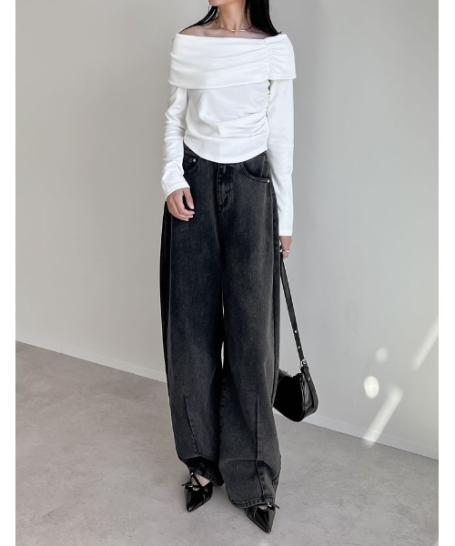 ストレッチリブカットソーギャザーオフショルトップス（Tシャツ