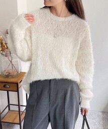 ラメシャギー透かし柄ニットプルオーバー