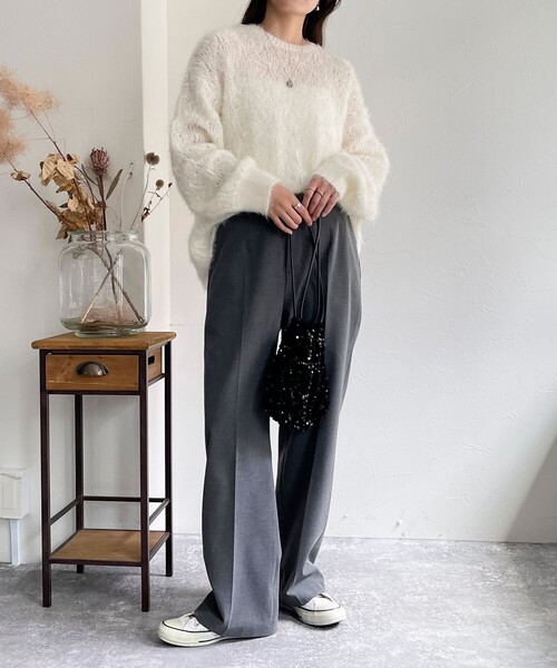 fredy emue（フレディエミュ）の「ラメシャギー透かし柄ニットプルオーバー（ニット/セーター・レディース・サックスブルー/ベビーピンク/ライトグレー/オフホワイト・38）」の6枚目の写真