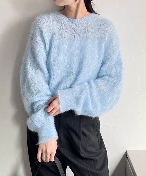 fredy emue（フレディエミュ）の「ラメシャギー透かし柄ニットプル