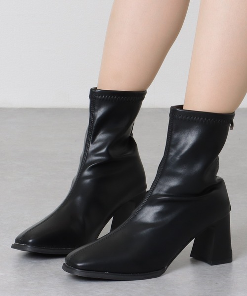 セール】スクエアトゥ レザー調 チャンキー ショート ブーツ（ブーツ