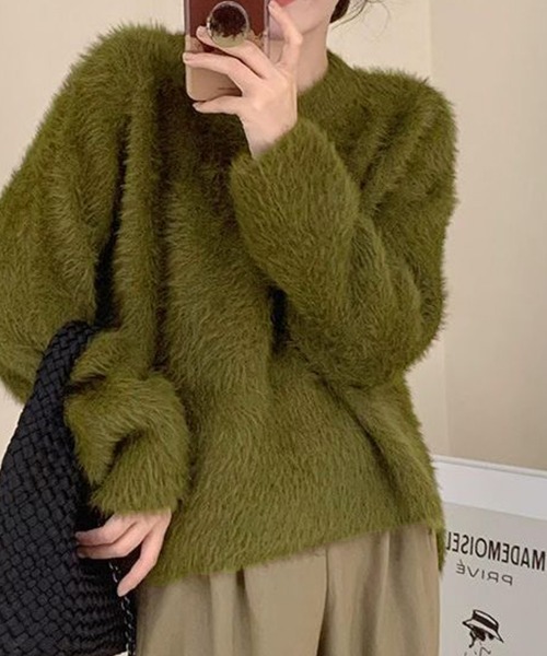 Miniministore(ミニミニストア)の「シャギーニットトップス クルーネック長袖(ニット/セーター・レディース・ブラック/ブルー/モスグリーン/オフホワイト/グレー・FREE)」の6枚目の写真