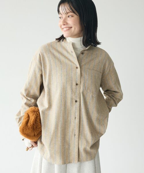 CRAFT STANDARD BOUTIQUE（クラフトスタンダードブティック）の「綿ビエラ起毛バンドカラーシャツ/24AW（シャツ/ブラウス・レディース・チャコールグレー/ブルー系その他5/アイボリー/レッド系その他7/ストライプ・FREE）」の5枚目の写真