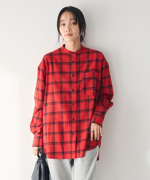 CRAFT STANDARD BOUTIQUE（クラフトスタンダードブティック）の「綿ビエラ起毛バンドカラーシャツ/24AW（シャツ/ブラウス・レディース・チャコールグレー/ブルー系その他5/アイボリー/レッド系その他7/ストライプ・FREE）」の21枚目の写真