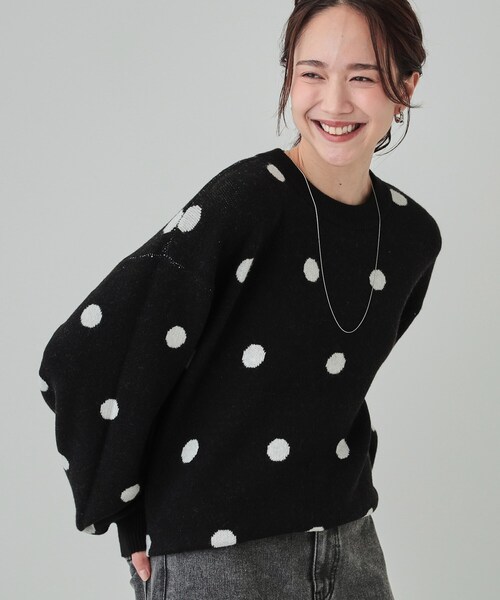 洗える/S-LL】 ドット柄が目を惹く ゆったりジャカードニット（ニット