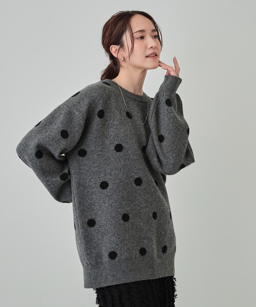 洗える/S-LL】 ドット柄が目を惹く ゆったりジャカードニット（ニット