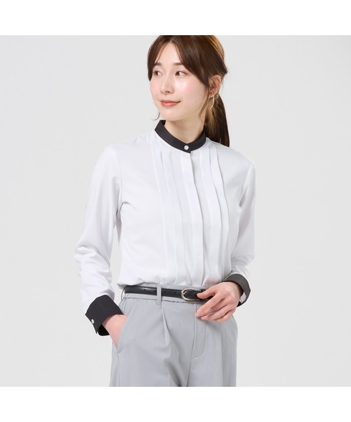 TOKYO SHIRTS(トウキョウシャツ)の「【吸水速乾】【COFREX】スタンド配色 レディース長袖シャツ(シャツ/ブラウス・レディース・グレー・M/L/LL/XL/S)」の1枚目の写真